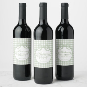 Green Gingham Coquette Bow Birthday Party Wine Label