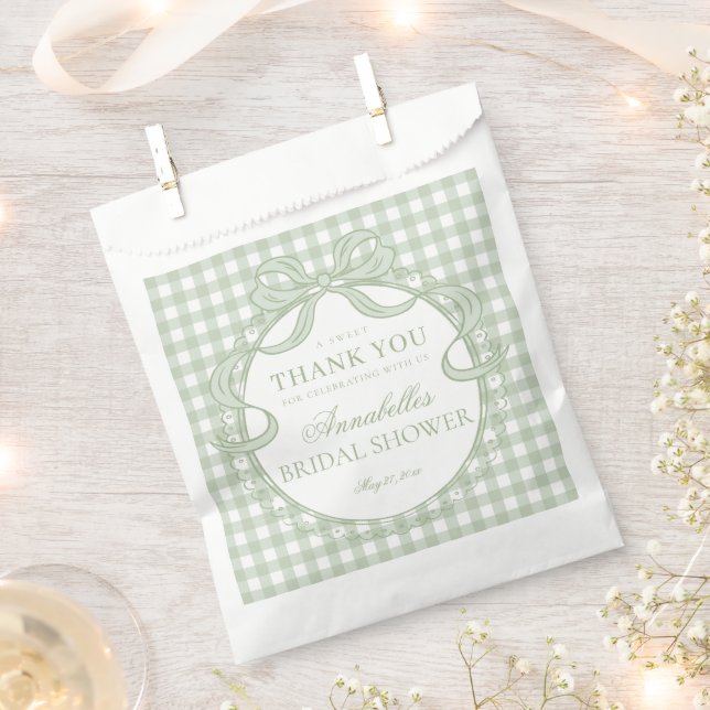 Green Gingham Coquette Bow Bridal Shower Dessert Favor Bag (Clipped)