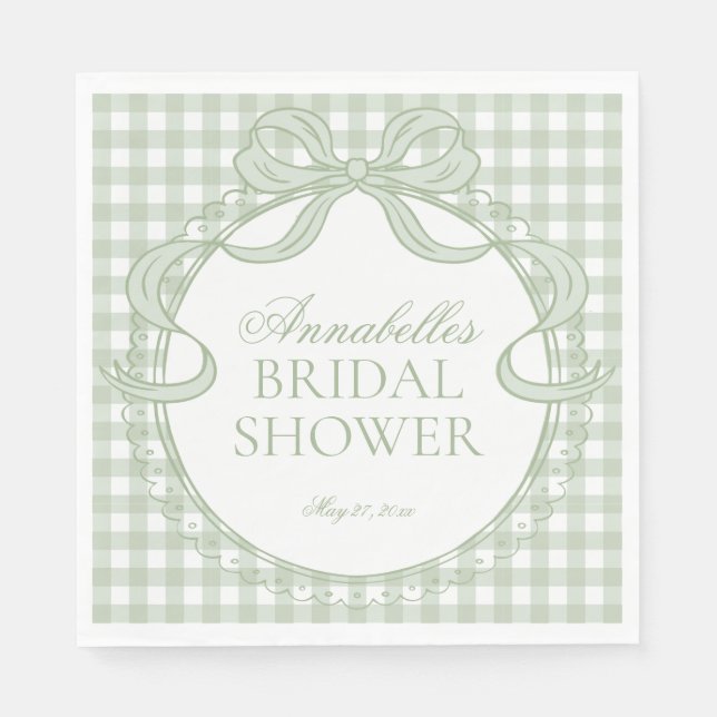 Green Gingham Coquette Bow Bridal Shower Dessert Napkins (Front)