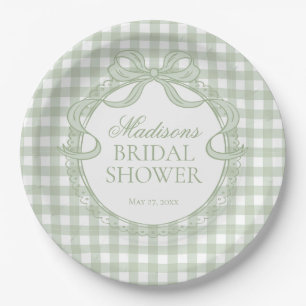 Green Gingham Coquette Bow Bridal Shower Paper Plates