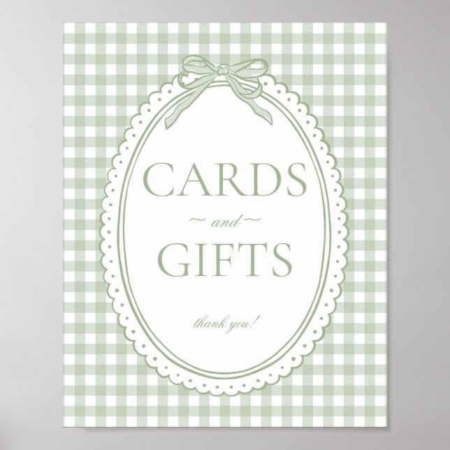 Green Gingham Coquette Bow Card & Gifts Sign (Front)
