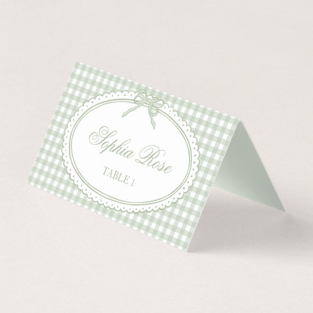 Green Gingham Coquette Bow Place Card Table Decor (Front)