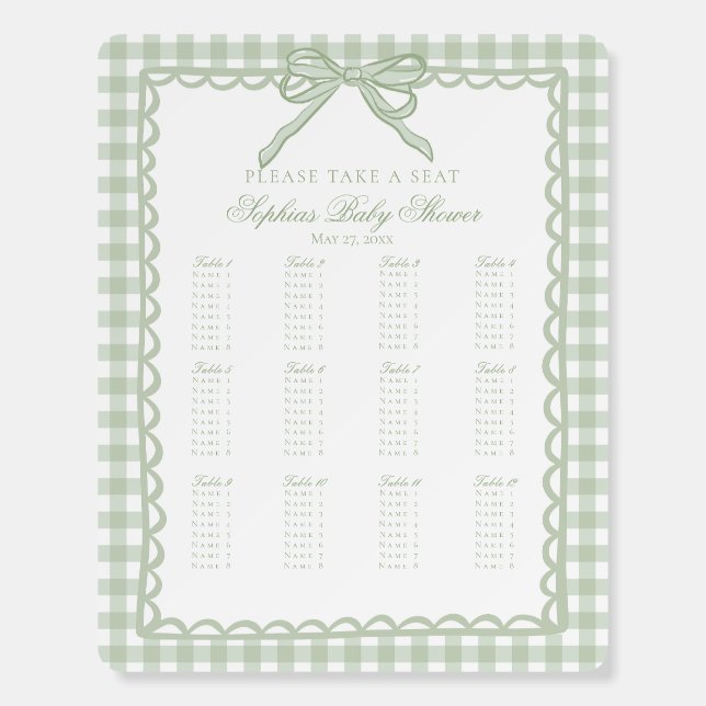 Green Gingham Coquette Bow Seating Chart Foam Board (Front)