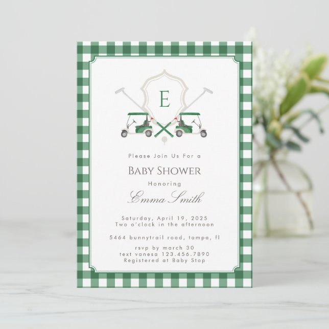 Green Gingham Crest Monogram Golf Baby Shower Invitation (Standing Front)