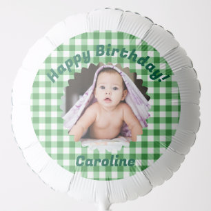 Green Gingham Custom Photo Happy Birthday Balloon