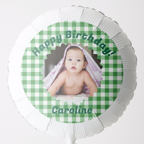 Green Gingham Custom Photo Happy Birthday Balloon