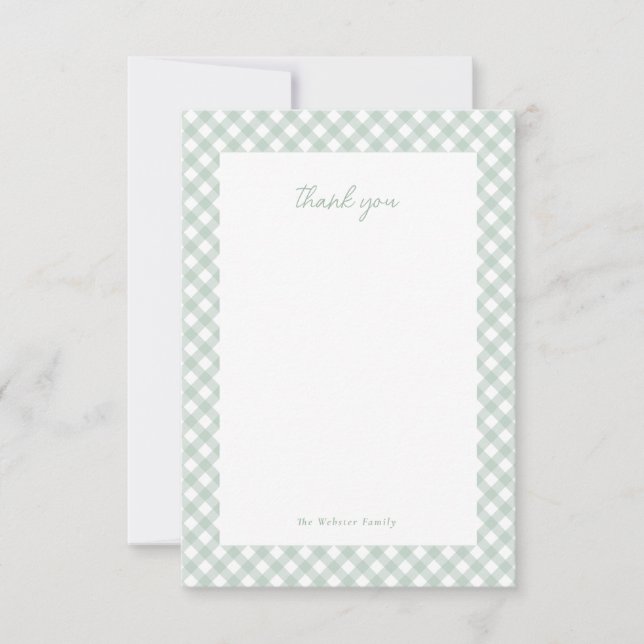 Green gingham cute personalized baby shower thank you card (Front)