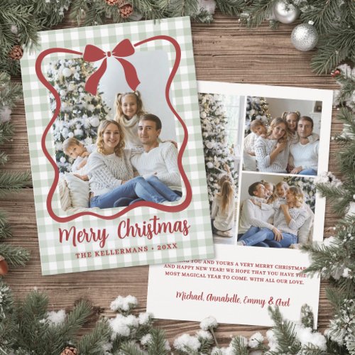 Green Gingham Family Photo Christmas Holiday Card