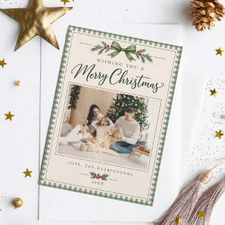  Green Gingham Family Photo Holiday Card