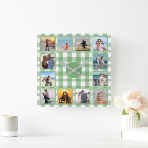 Green Gingham Farmhouse Country 12_photo Collage Square Wall Clock