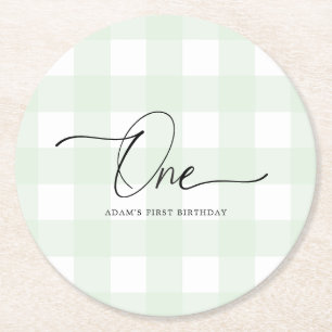 Green Gingham First Birthday Drink Coaster