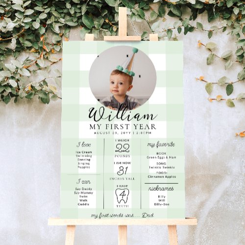 Green Gingham First Birthday Milestone Timeline Poster