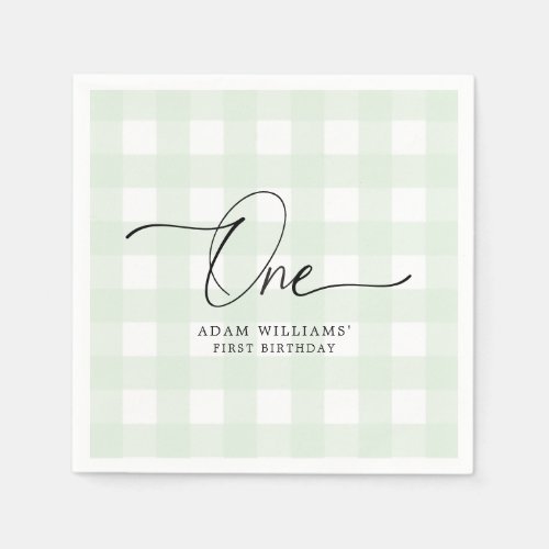 Green Gingham First Birthday Paper Napkin