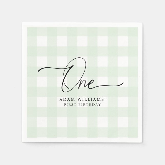 Green Gingham First Birthday Paper Napkin (Front)