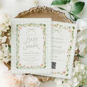 Green Gingham Floral All in One Baby Shower Invitation