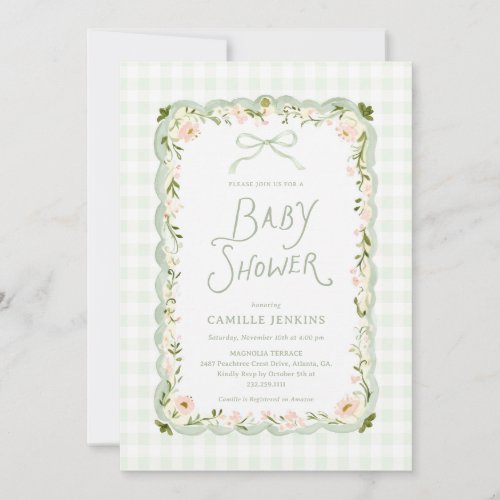 Green Gingham Floral All in One Baby Shower Invitation