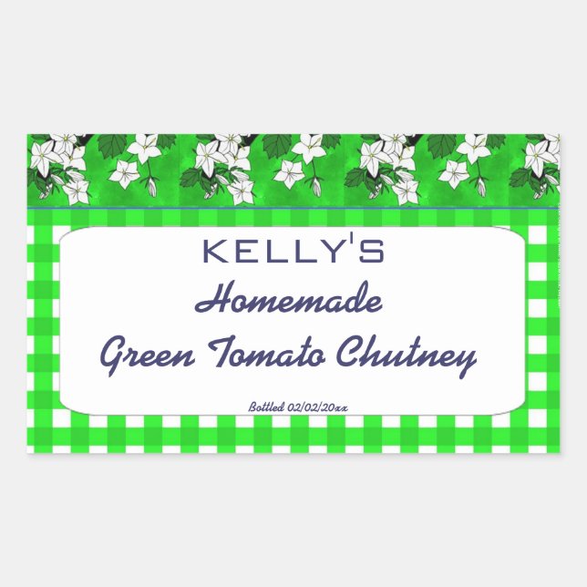 Green gingham floral apple chutney label (Front)
