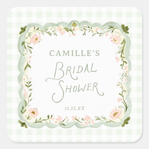 Green Gingham Floral Bridal Shower Favor Sticker
