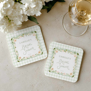 Green Gingham Floral Bridal Shower Paper Coaster