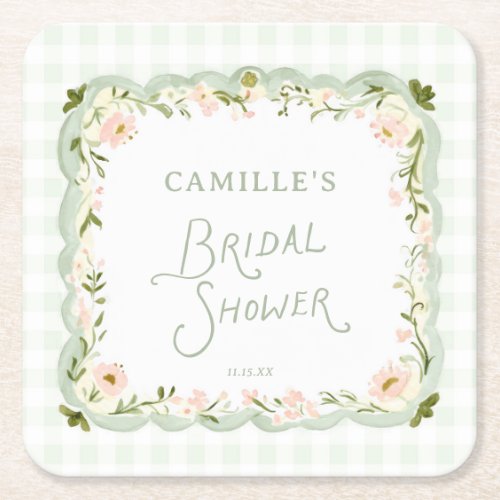 Green Gingham Floral Bridal Shower Paper Coaster