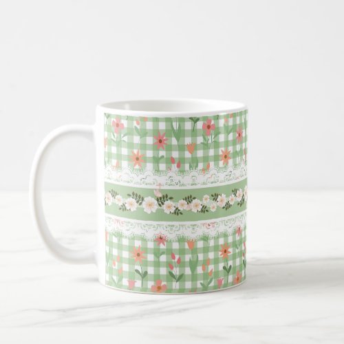Green Gingham Floral Ceramic 11oz Lead Free Coffee Mug