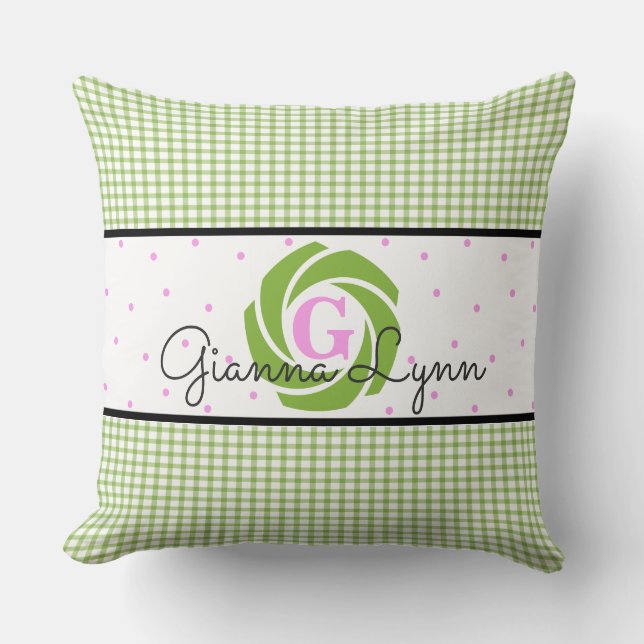 Green Gingham Floral Monogram Throw Pillow (Front)