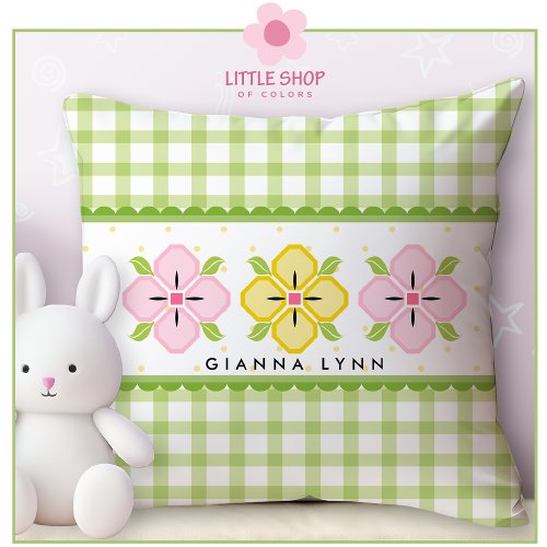 Green Gingham Floral Monogram Throw Pillow