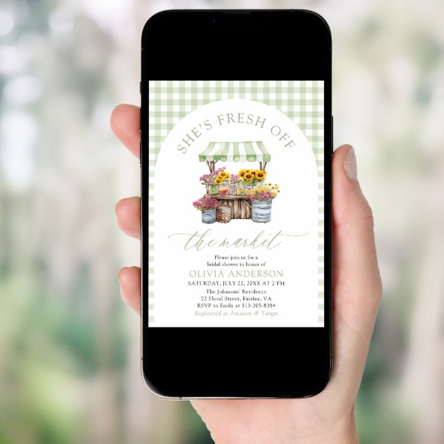 Green Gingham Fresh Off The Market Bridal Shower Invitation (Front Digital)