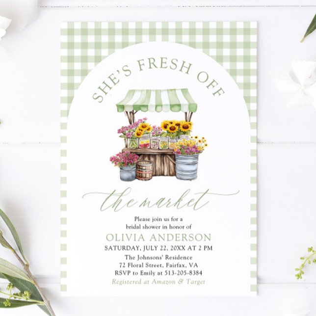 Green Gingham Fresh Off The Market Bridal Shower Invitation (Green Gingham Fresh Off The Market Bridal Shower Invitation)