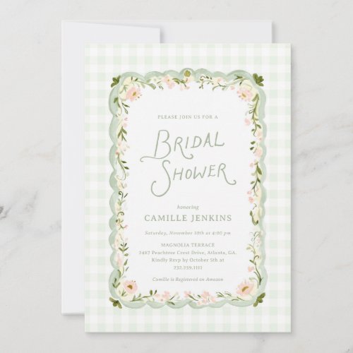Green Gingham Garden Floral Bridal Shower Invitation