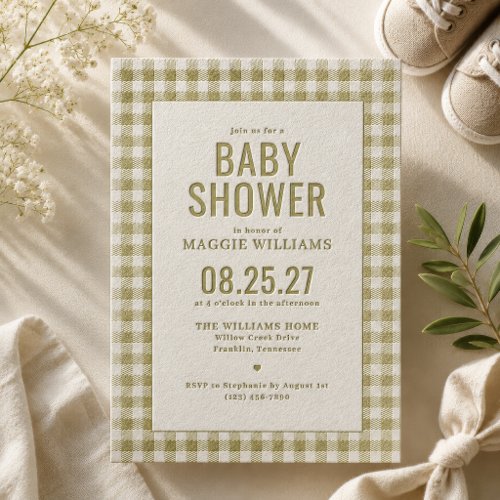 Green Gingham Gender Neutral Baby Shower Letterpress Invitation