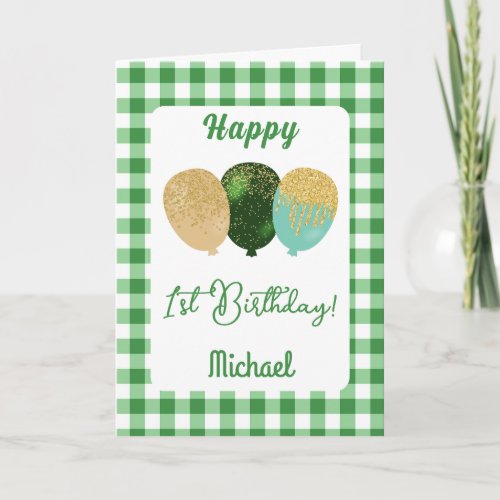 Green Gingham  Glitter Balloons 1st Birthday Card