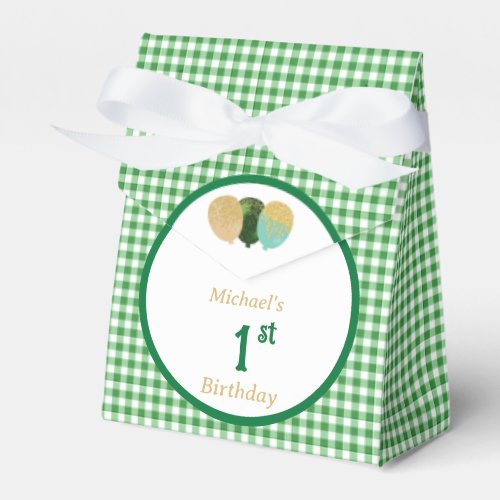 Green Gingham Glitter Balloons Custom 3 Photos Favor Boxes