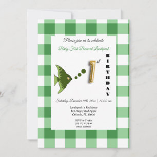 Green Gingham Gold Foil Balloon Fish 1st Birthday Invitation