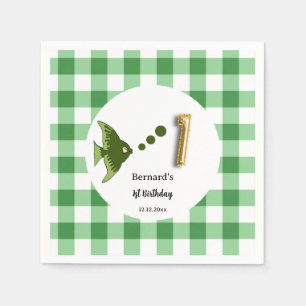 Green Gingham Gold Foil Balloon Fish 1st Birthday Napkins