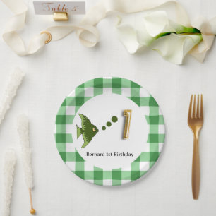 Green Gingham Gold Foil Balloon Fish 1st Birthday Paper Plates
