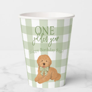 Green Gingham Goldendoodle One Golden Year Paper Cups