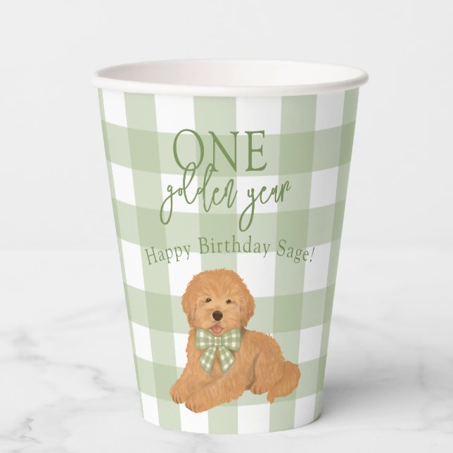 Green Gingham Goldendoodle One Golden Year Paper Cups (Front)