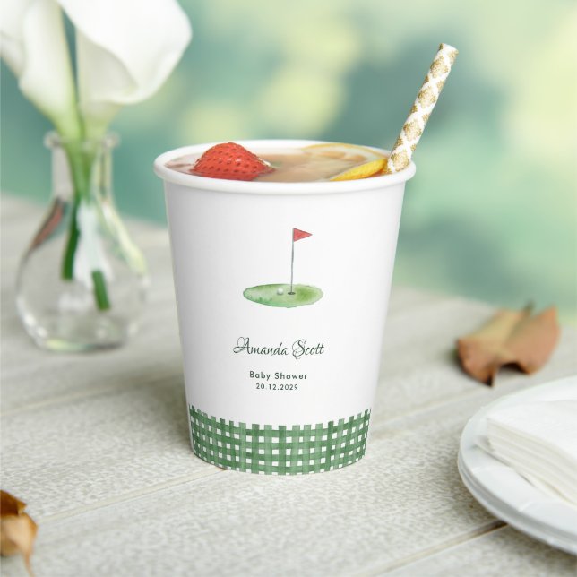 Green Gingham Golf Baby Shower Paper Cups (Insitu)