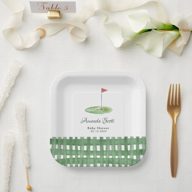 Green Gingham Golf Baby Shower Paper Plates (Wedding)