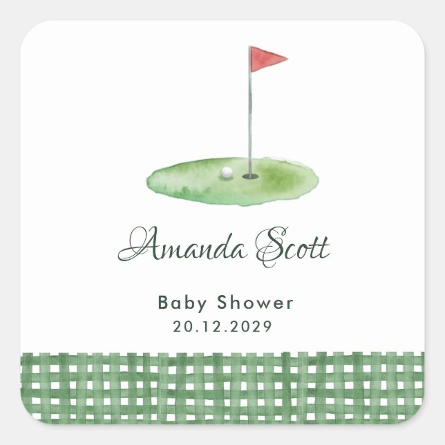 Green Gingham Golf Baby Shower Square Sticker (Front)
