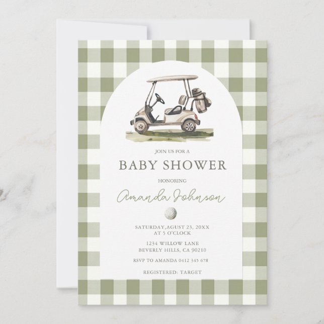 Green Gingham Golf Boy Baby Shower Invitation (Front)