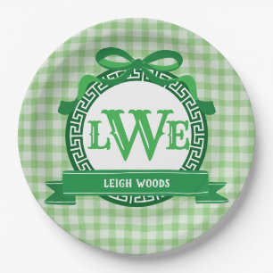Green Gingham Greek Key Bow Full Monogram Paper Plates