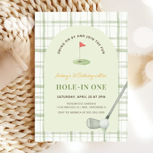 Green Gingham Hole in One Golf Birthday Invitation