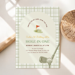 Green Gingham Hole in One Golf First Birthday Invitation