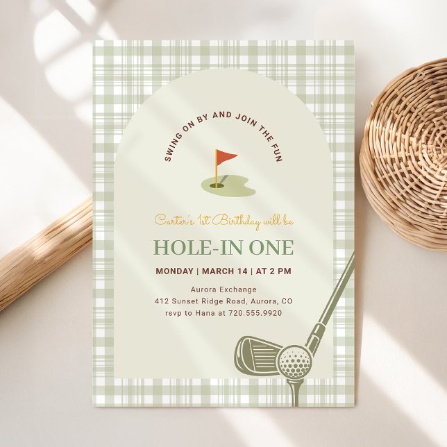 Green Gingham Hole in One Golf First Birthday Invitation (Creator Uploaded)