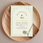 Green Gingham Hole in One Kids Golf First Birthday Invitation<br><div class="desc">This classic golf birthday invitation features a soft green plaid background with a simple vintage feel and playful course details that celebrate a true hole in one moment. Designed for a first birthday or 1st birthday, it is perfect for a kids golf party or a golfer birthday gathering. Personalize the...</div>