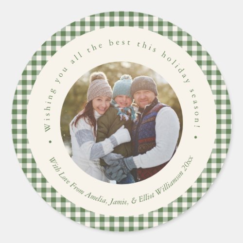Green Gingham Holiday Photo Frame Elegant Classic Round Sticker