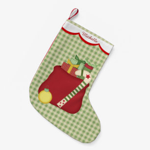 Green Gingham Holiday Toy Sack Personalized Small Christmas Stocking