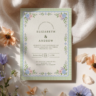 Green Gingham Hydrangea Preppy Wedding Invitation